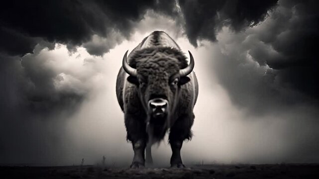 A large bison stands on a black and white background