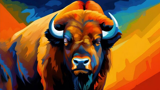 A bright powerful bison stands on a multi-colored background	
