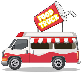 Red and white food truck with a large sign
