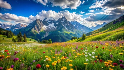 Fototapeta premium Serene idyllic mountain landscape in the alps with lush green meadows awash with vibrant wildflowers blooming in springtime under blue sky with puffy clouds.,hd,8k.