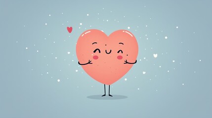 Adorable cartoon heart character with a happy face, standing on a sparkling background with floating hearts, symbolizing love and joy.