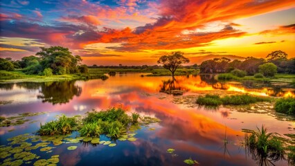 Obraz premium Vibrant orange and pink hues illuminate the serene waters and lush vegetation of the pantanal wetlands at sunset in mato grosso do sul, brazil.,hd,8k.