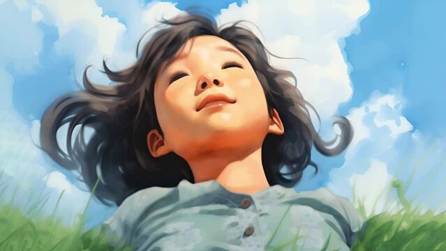 Girl with bright freckles on her nose, lying on the grass and looking at the sky. She is of Asian nationality, around 8 years old	
