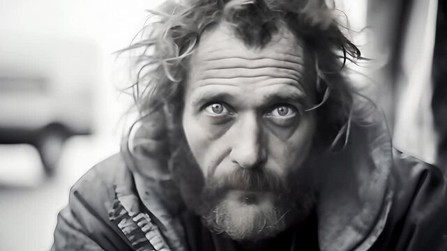 Happy smiling homeless poor man with mental illness sitting on street	
