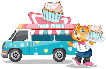 Cartoon cat serving cupcakes from food truck