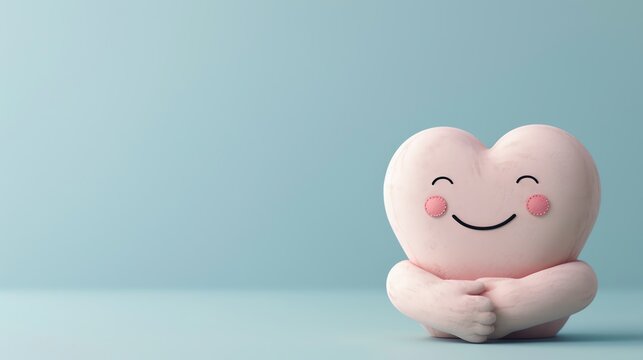 Cute heart-shaped character with smiling face and hugging itself on a light blue background, symbolizing love, happiness, and self-care.