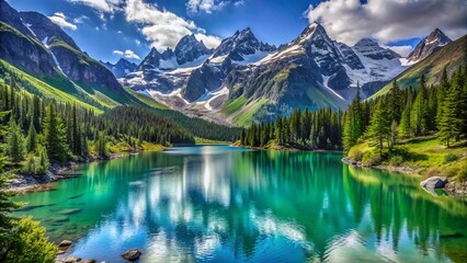 Fototapeta premium Breathtaking serene mountain landscape with rugged snow-capped peaks towering above serene turquoise lake surrounded by lush green forest under crystal-clear blue sky.,hd,8k.