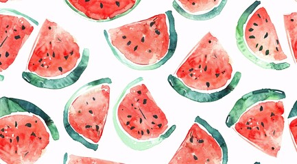 watermelon slice seamless pattern, simple watercolor clipart, cute and dreamy, clean white background