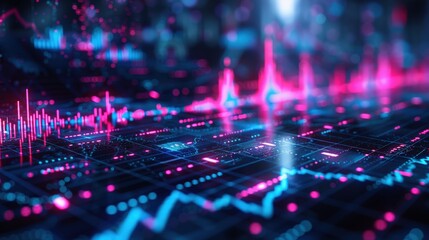 Digital interface illustrating data analysis with neon colors, showcasing financial graphs and charts in a futuristic style.