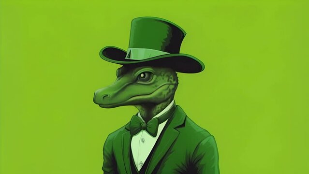 Funny cartoon crocodile in a top hat on a green background for St. Patrick's Day	
