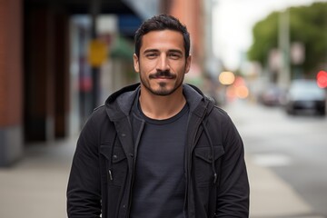 Naklejka premium Portrait of a hispanic man smiling on a city street