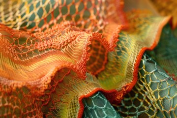 A colorful piece of fabric with a green and orange stripe. The fabric is made of a net-like material and has a ruffled edge