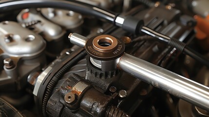 Closeup of a car engine with a tool attached to it.