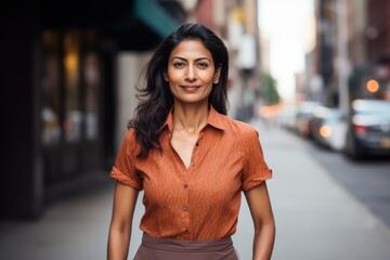 Fototapeta premium Hispanic woman in her 40s smiling on a city street