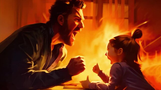 Angry dad yelling at his little child	
