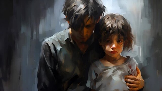 A little sad girl from a dysfunctional family stands with her dad	
