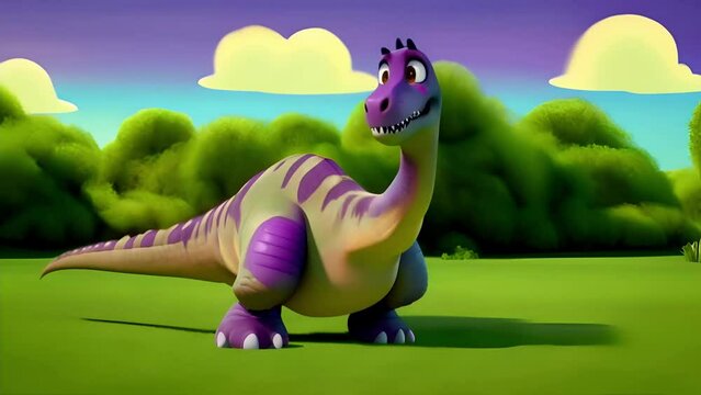 Cartoon cute purple dinosaur walks across the field