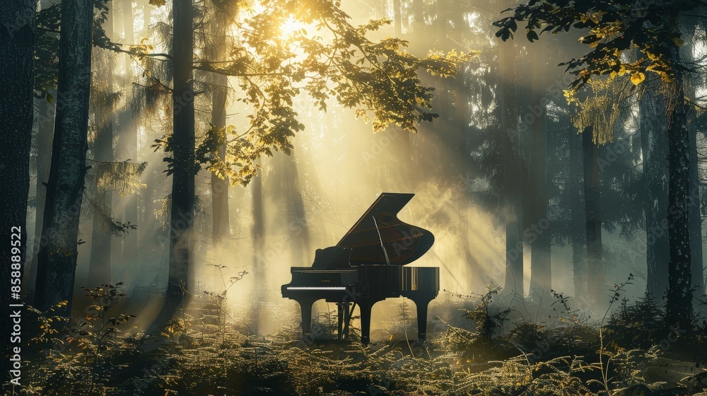 Poster Illustrate a grand piano on a misty morning in a forest, with sunlight breaking through the trees. Capture the serene and mystical atmosphere of the scene.