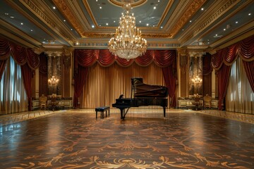 A regal ballroom with ornate chandeliers, velvet drapes, and a grand piano at the center stage.