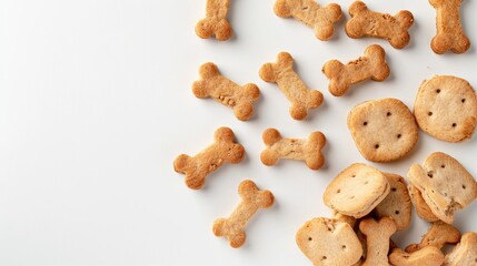 Fototapeta premium Dog biscuit bones arranged on white background with copy space