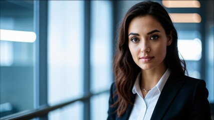 The girl is standing in the office dressed in a suit.