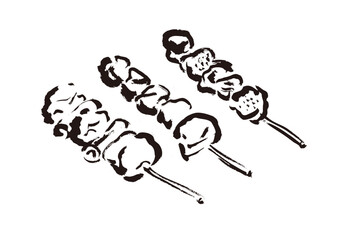 焼き鳥3本の手書きの和風筆書きイラスト