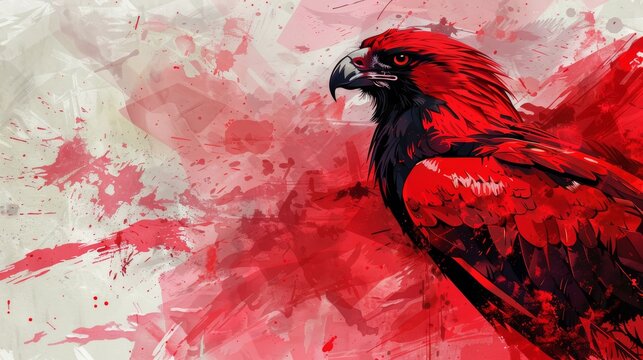 Abstract watercolor painting of a red hawk with splatter background.