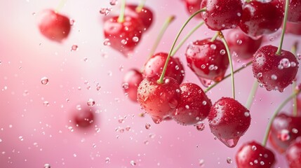 Vibrant Fresh Cherries with Water Droplets in Dynamic Motion against Pink Background