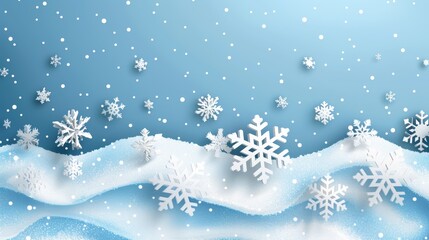 Naklejka premium Snowflakes fall on a wintery blue background with snowy drifts. Perfect for holiday or winter themed designs.