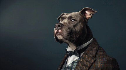 Portrait of a dignified Pit bull dog adorned in a fancy suit. The canine exudes elegance and sophistication, epitomizing refined charm.