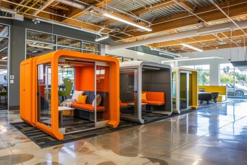 Modern office space with colorful seating pods, showcasing contemporary design and innovative work environment.