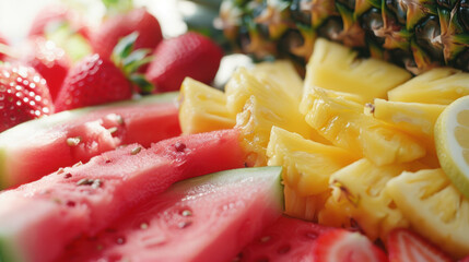 A close-up of fresh watermelon, pineapple, and strawberry slices at a summer picnic