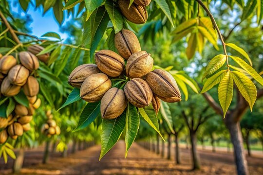 raw pecan nut grow on tree in farm close up