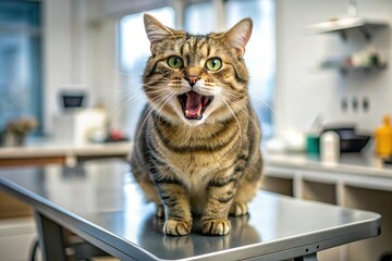 angry cat growl on vet care table