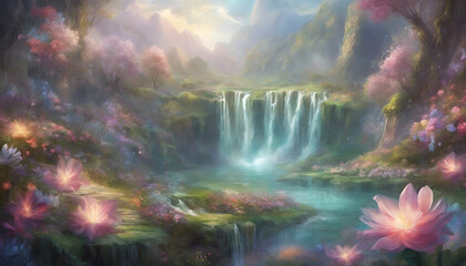 Obraz premium A beautiful paradise land full of flowers, rivers and waterfalls, a blooming and magical idyllic Eden garden.