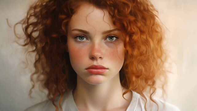 Portrait of a beautiful girl with red wavy hair and a serious schoolgirl face	
