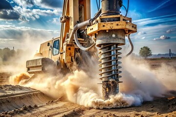 giant drill machine on the ground with dust. Construction site