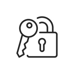 Key and padlock, linear style icon. Symbol for security, access, and unlocking. Editable stroke width.