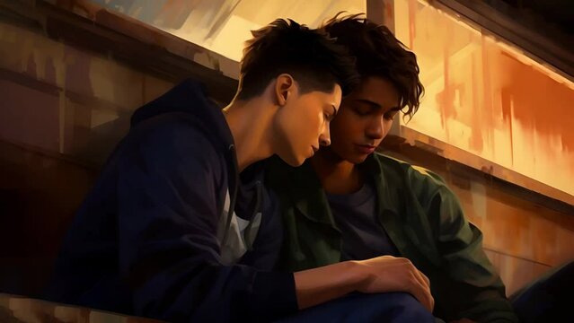 Two young gay guys in love spend time away from a judgmental society	
