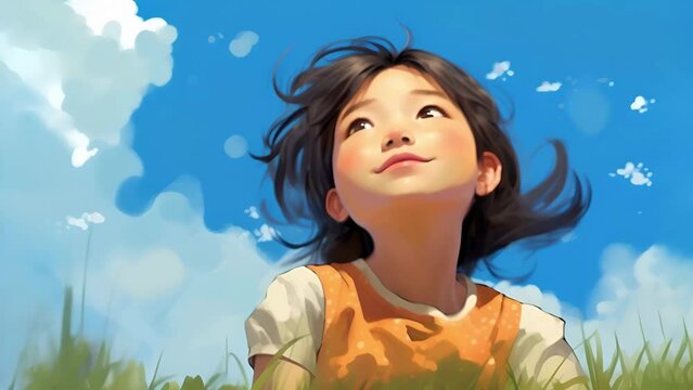 Little Girl with bright freckles on her nose, lying on the grass and looking at the sky. She is of Asian nationality, around 10 years old	
