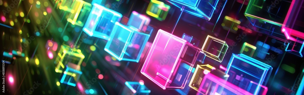 Poster a colorful image of cubes in various colors and sizes. the image is abstract and has a futuristic fe