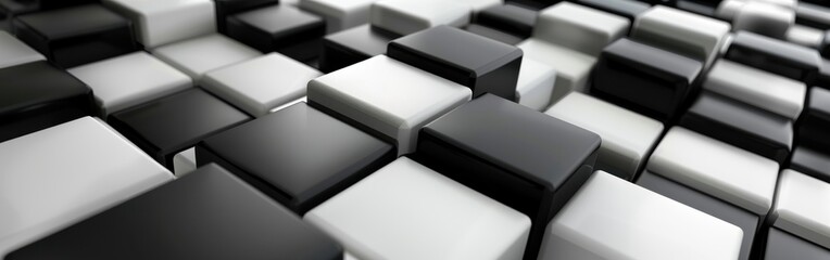 A close up of black and white cubes arranged in a pattern. Concept of order and structure, with the black and white blocks forming a grid-like pattern