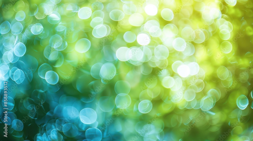 Poster a green and blue background with many small circles. the circles are of different sizes and colors. 