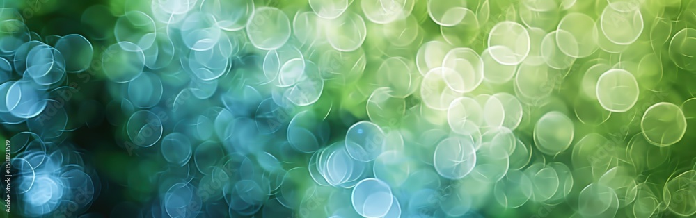 Poster A green and blue background with many small circles. The circles are of different sizes and colors. The background is a mix of green and blue, creating a calming and serene atmosphere
