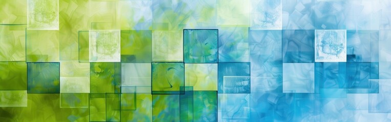 A colorful abstract painting with green and blue squares. The painting has a calming and soothing effect on the viewer