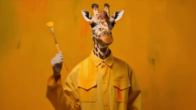 Artist giraffe character holding paintbrush on yellow background	
