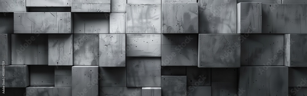 Poster A gray wall made of concrete blocks. The blocks are arranged in a way that creates a pattern. The wall appears to be unfinished and unfinished