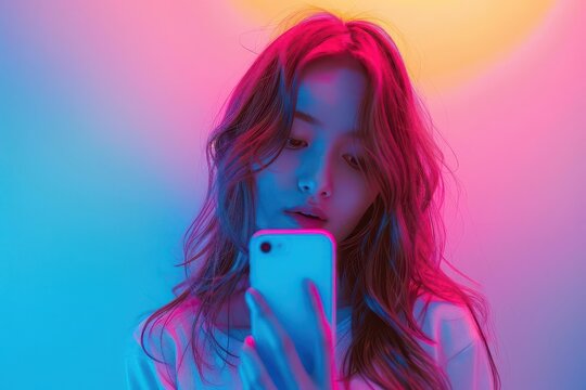 Selfie taken with a phone against a vibrant gradient background, reflecting the DIY spirit and user-generated content trend.