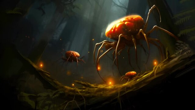 Giant mythical ticks crawl in the night forest