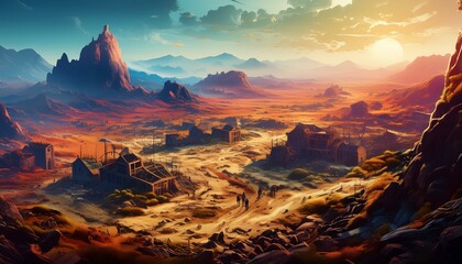 Obraz premium Dystopian Wasteland - A desolate wasteland with ruined buildings, scavengers, and a bleak